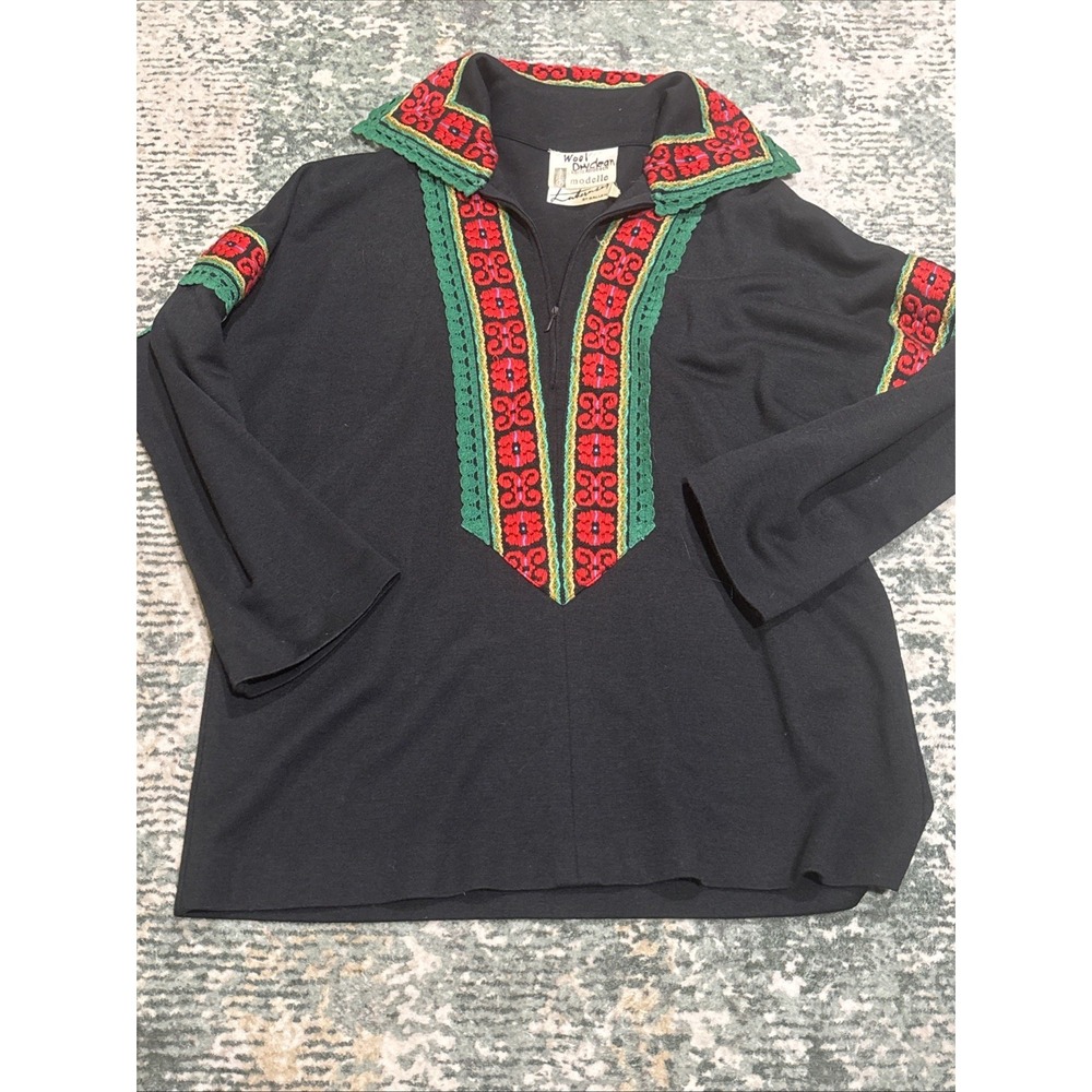 Vintage Karia Drabsch Modelle Wool Embroidered‎ Folk Style Quarter Zip Pullover